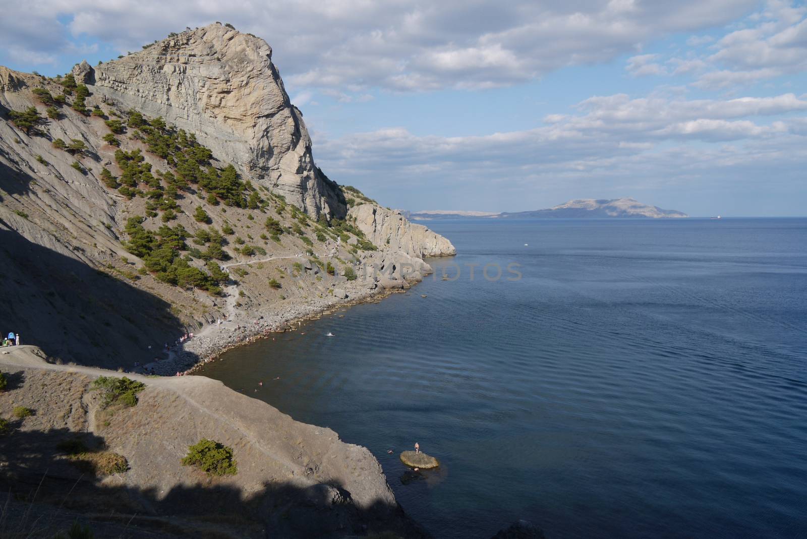 Beautiful grass-covered coastal slopes on the background of a vast, endless sea by Adamchuk