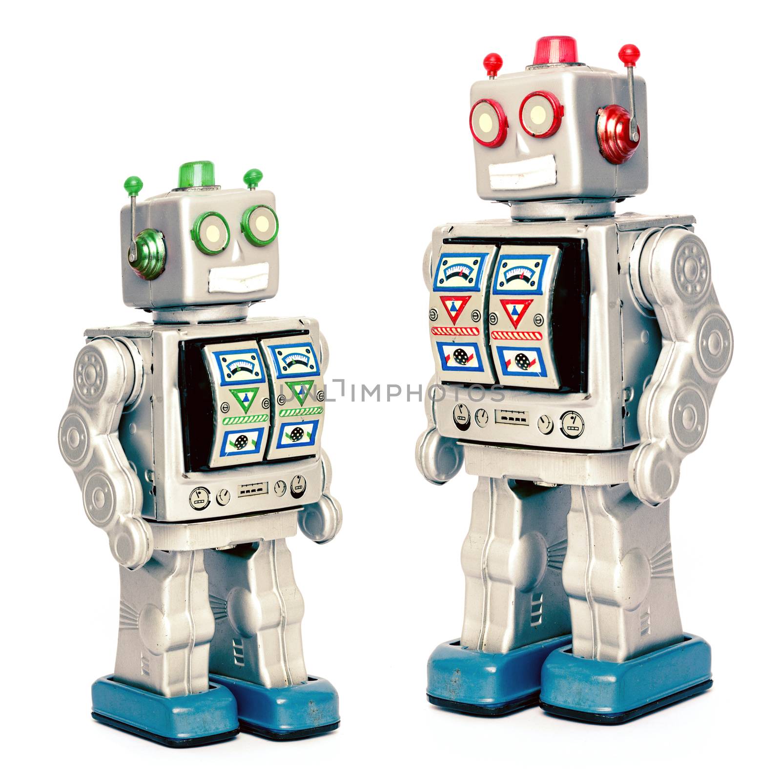 father and son robots on white 