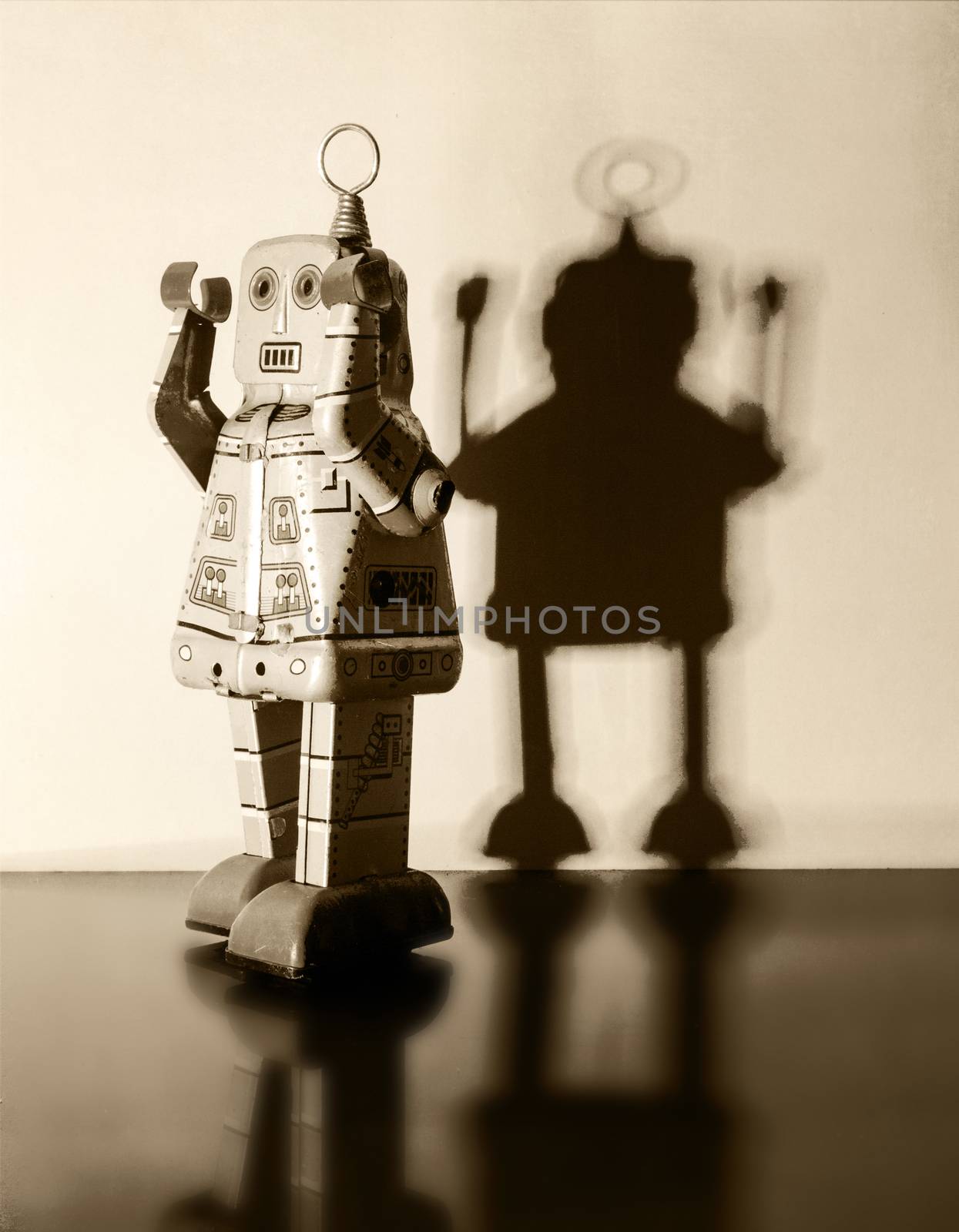 rero robot roy with his hands up in monochrome by davincidig