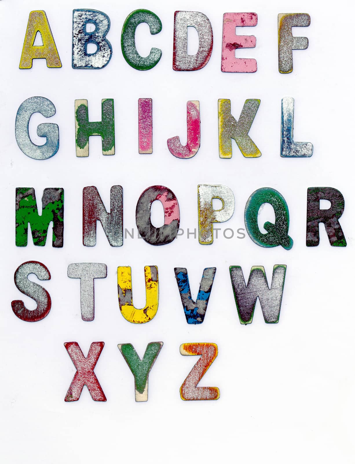 painted scratched color wooden  alphabet