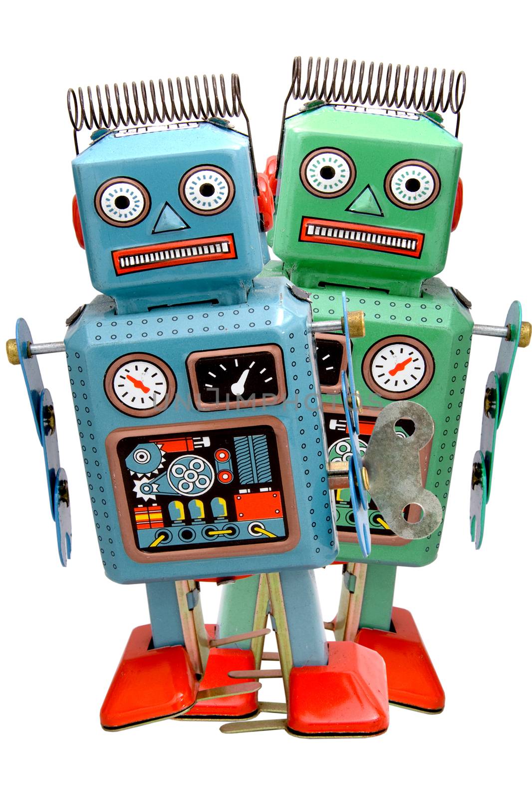 two fun robots blue and green  by davincidig