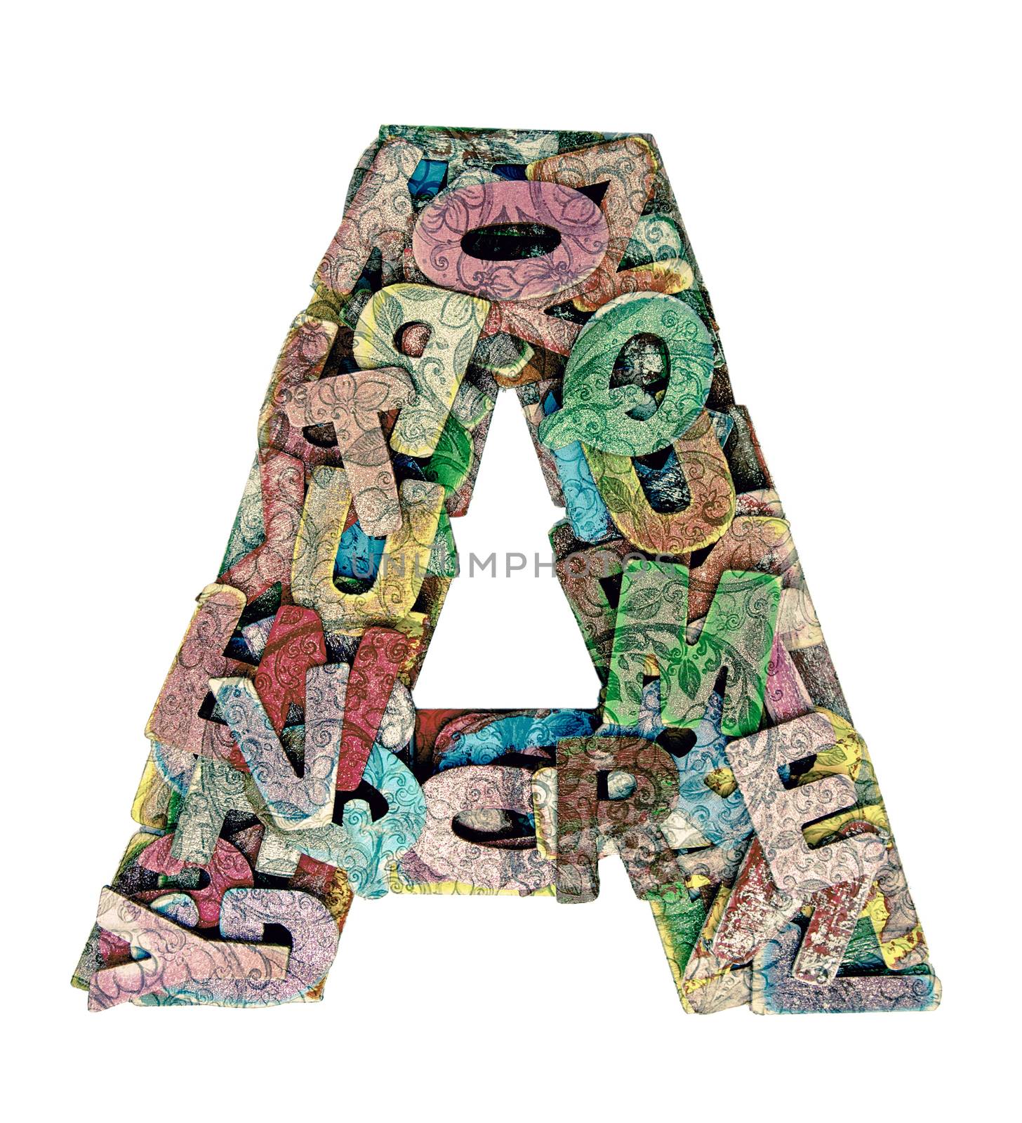 lots of small wooden letters to make up the letter A