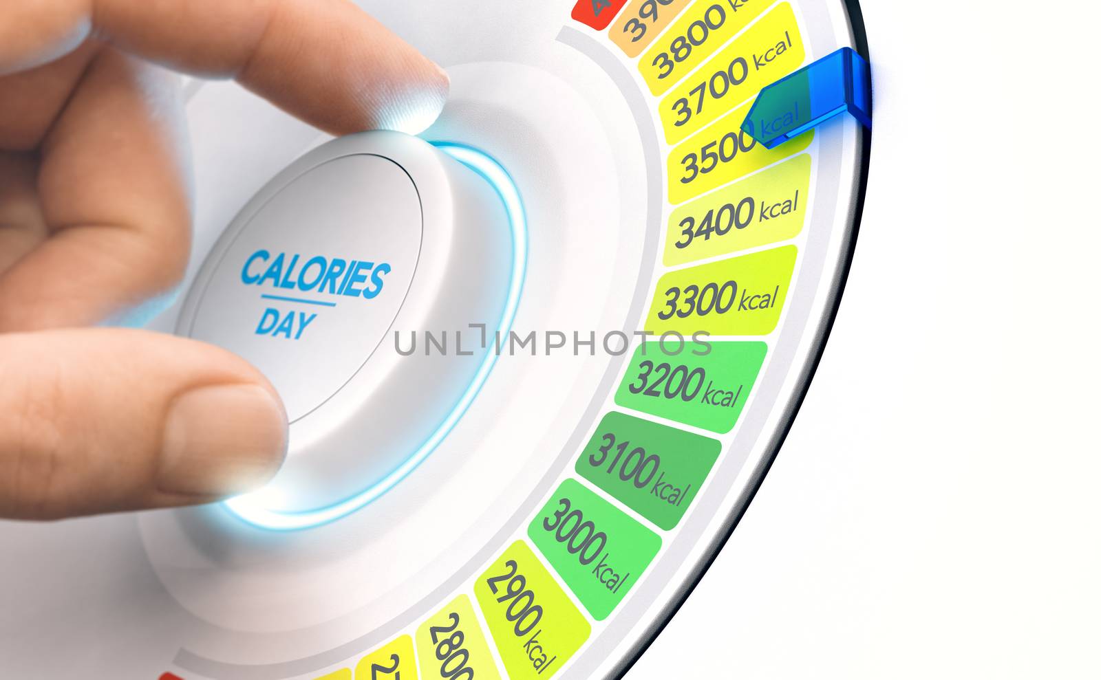 Man turning a calorie knob to increase daily intake level. High calories diet concept, Composite image between a hand photography and a 3D background.