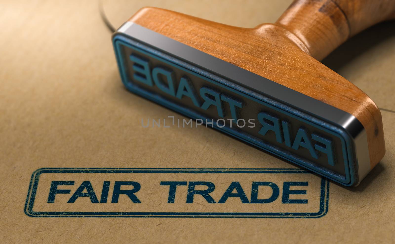 3D illustration of a rubber stamp with the word fair trade stamped on paper background.