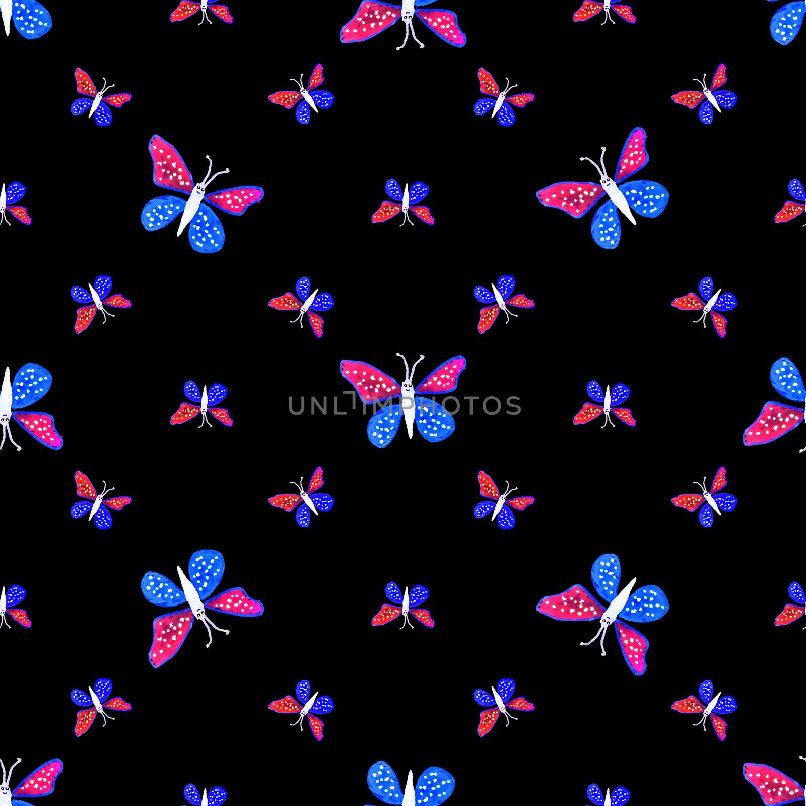 Hand draw butterflies motif seamless pattern design in red and blue colors against black background.