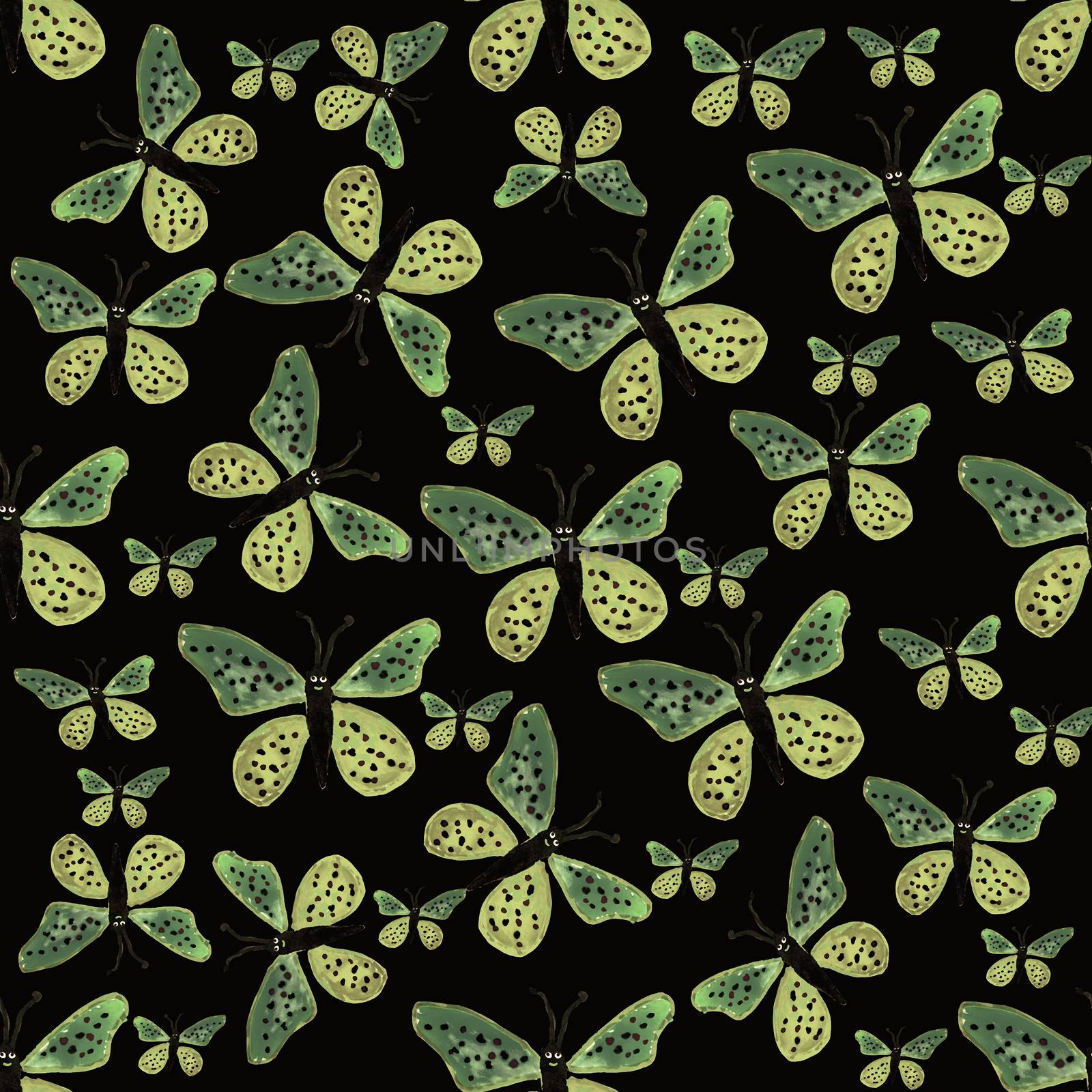 Hand draw butterflies motif seamless pattern design in green colors against black background.