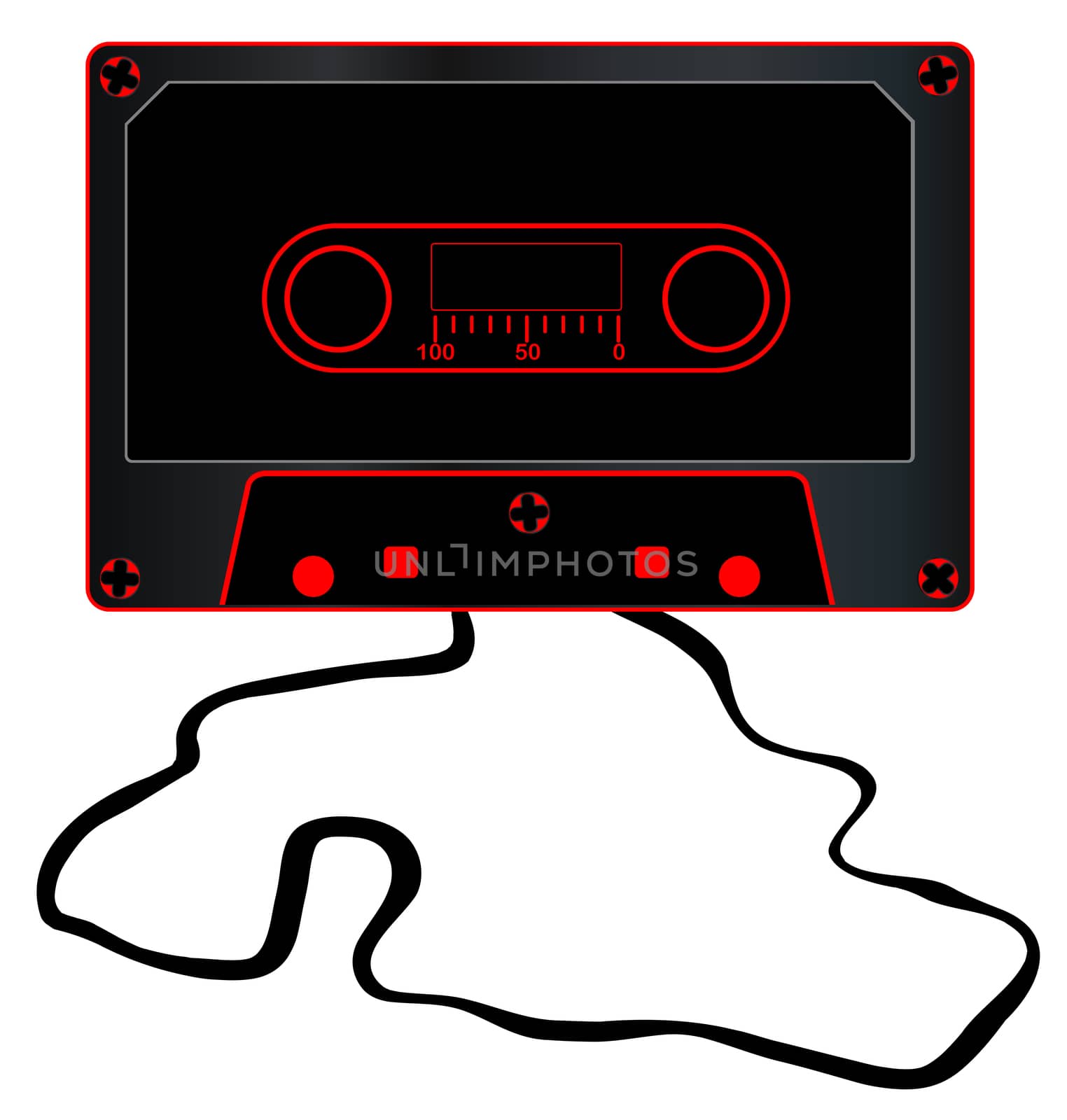 A typical old fashioned audio cassette in black over a white background with unwound tape