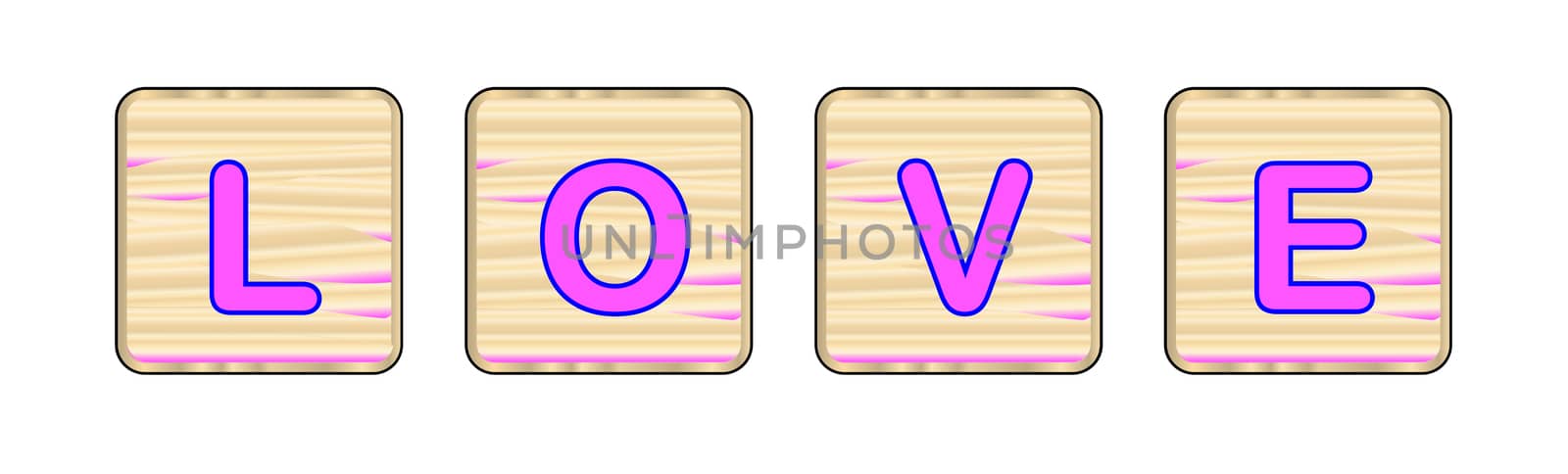 Four wooden letter blocks spelling out the word love all over a white background