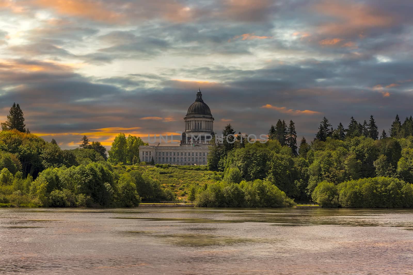 Sunrise over Capitol Lake and Building in Olympia Washington State