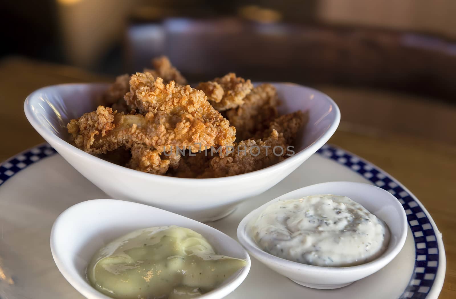 Deep fried Calamari Squid appetizer dish with dipping sauce closeup macro