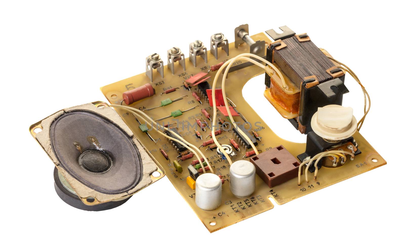disassembled electronic speaker on white isolated background