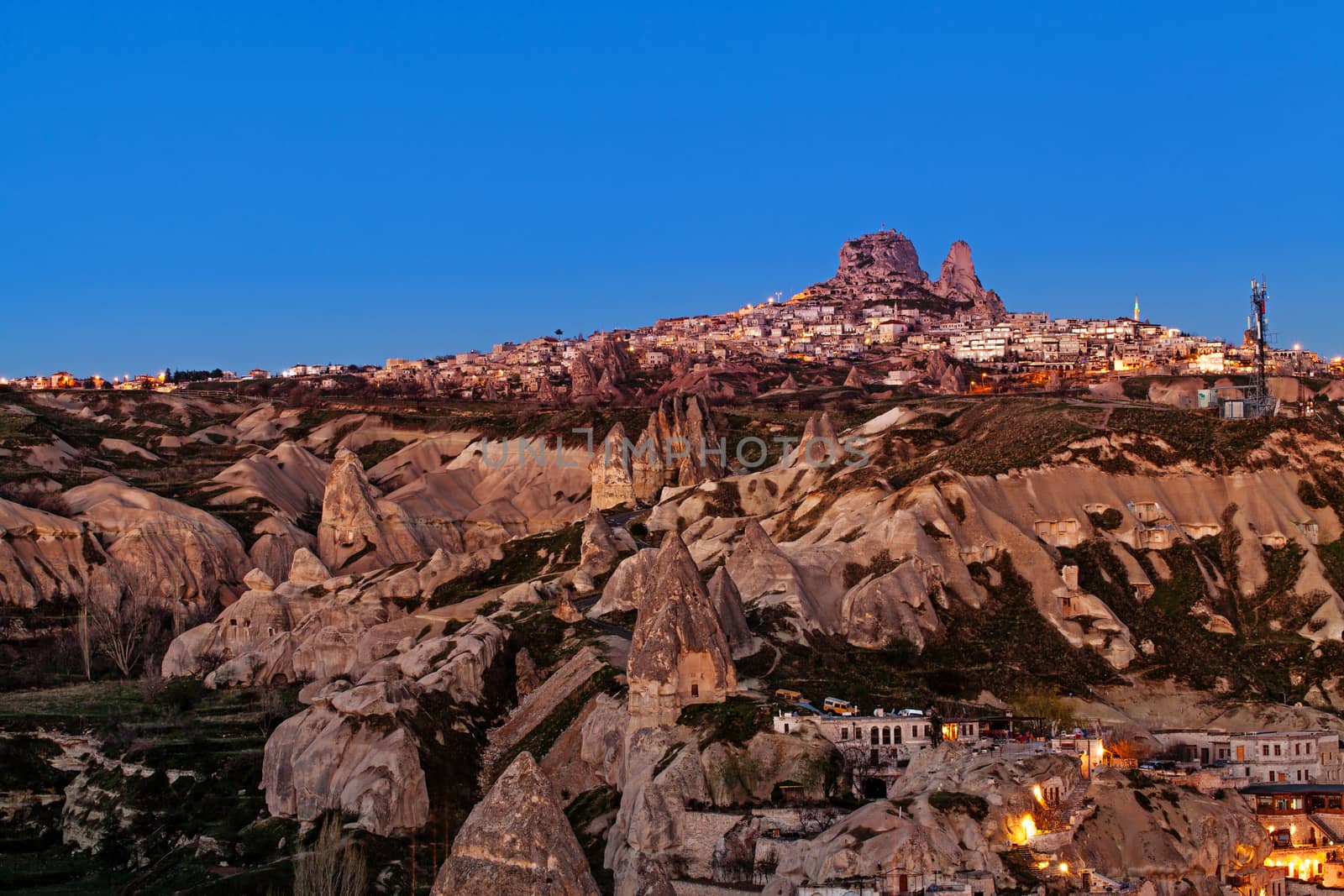Cylindrical stone cliffs and cave houses in Goreme, Turkey