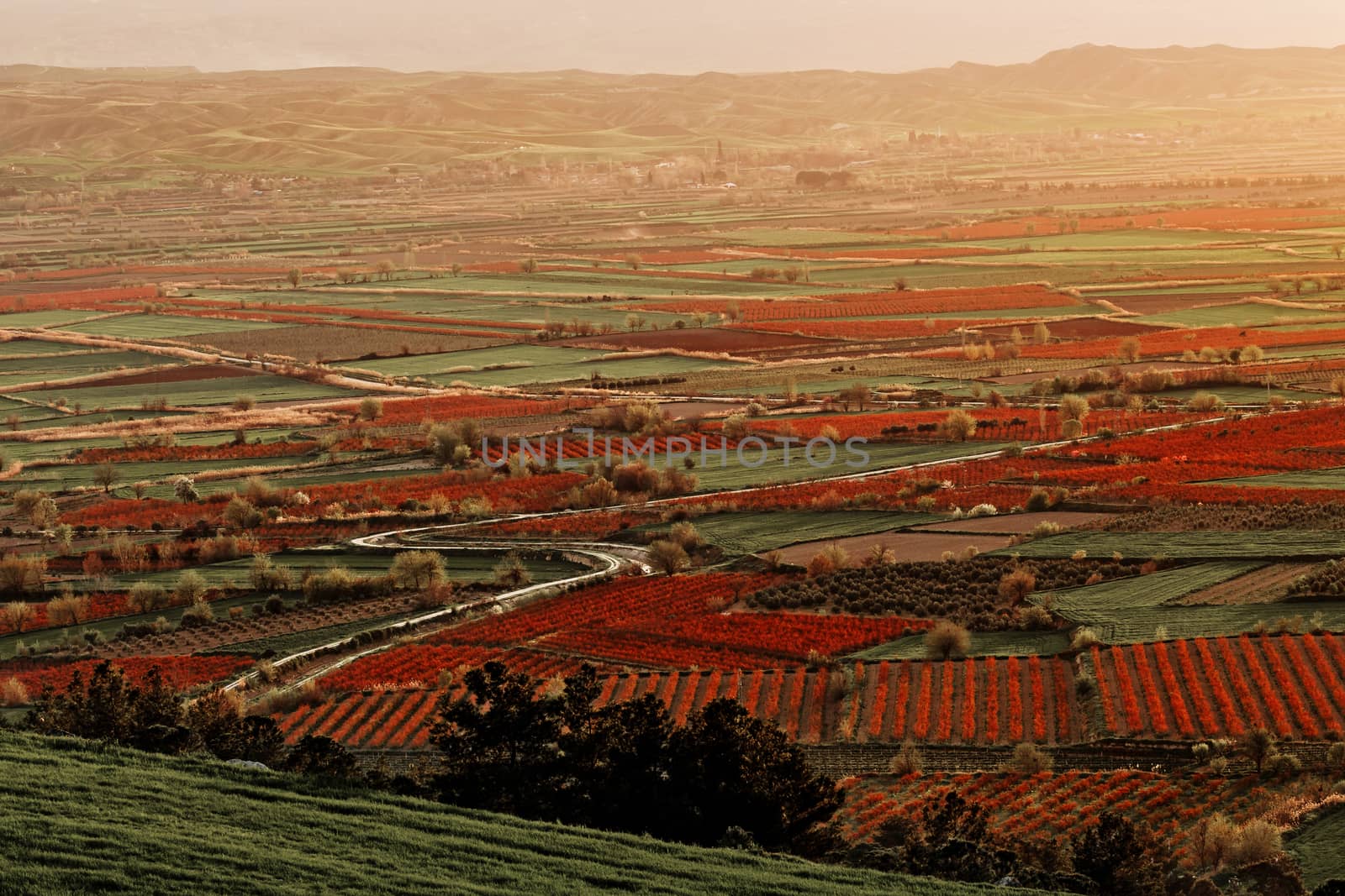 Aerial view of beutiful sunset over green and red agricultiral fields near Pamukkale in Turkey