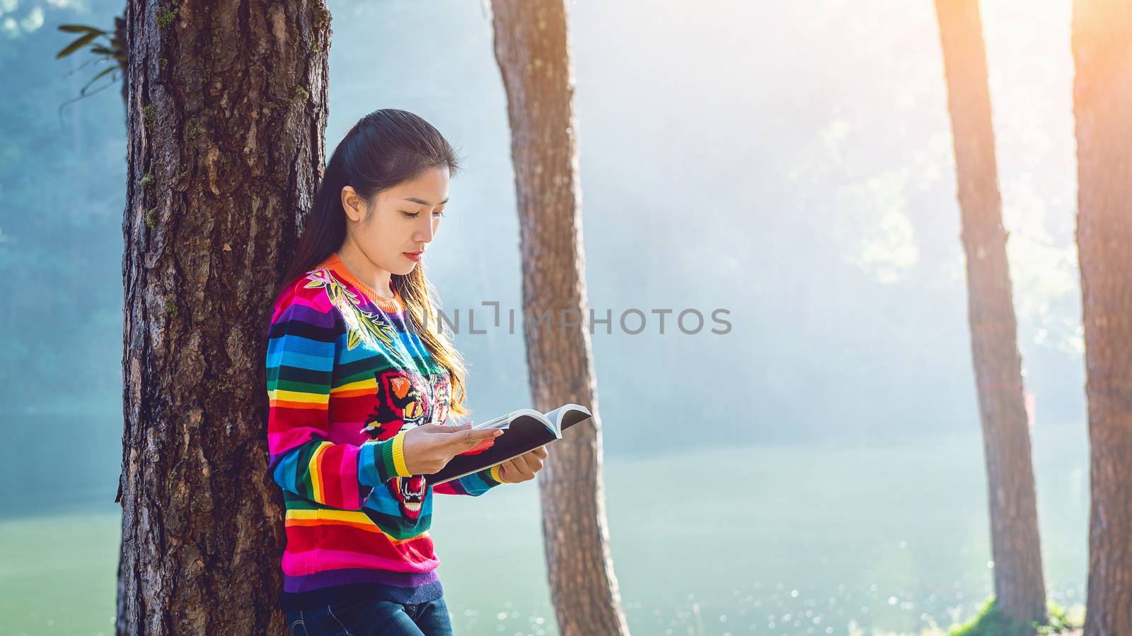 Beautiful girl in forest reading a book, Vintage tone. by gutarphotoghaphy