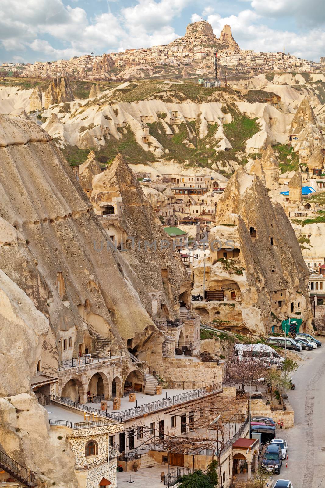 Houses and hotels located in rocky caves in Goreme city, Capadokkia