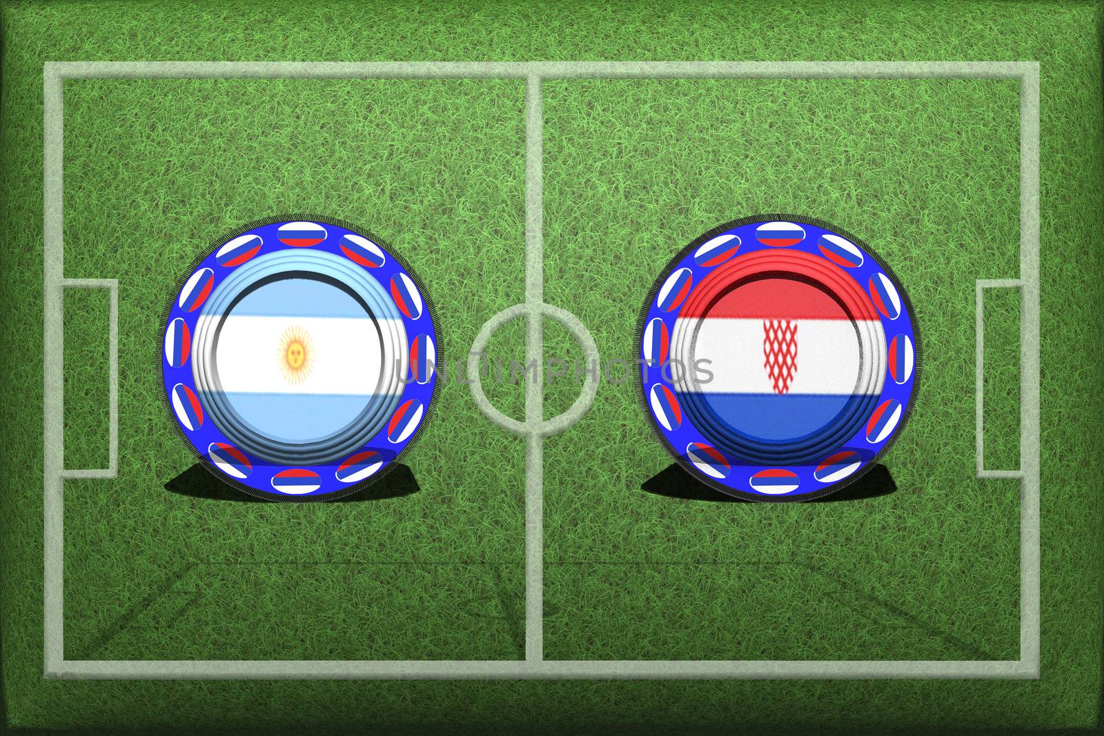 Football, World Cup 2018, Game Group D, Argentina - Croatia, Thursday, June 21, Button with national flags on the green grass.