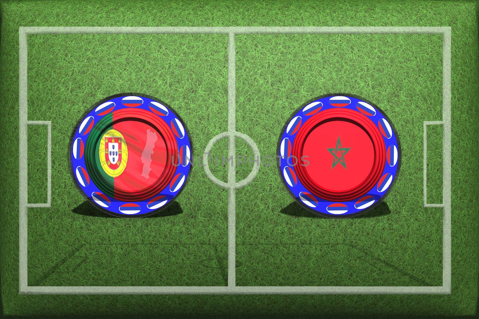 Football, World Cup 2018, game Group B, Portugal - Morocco, Wednesday, June 20, Button with national flags on the green grass
