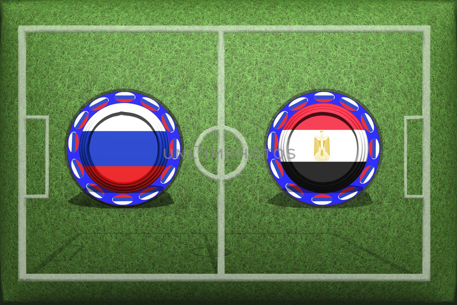 Football, World Cup 2018, game Group A, Russia - Egypt, Tuesday, June 19, Button with national flags on the green grass.
