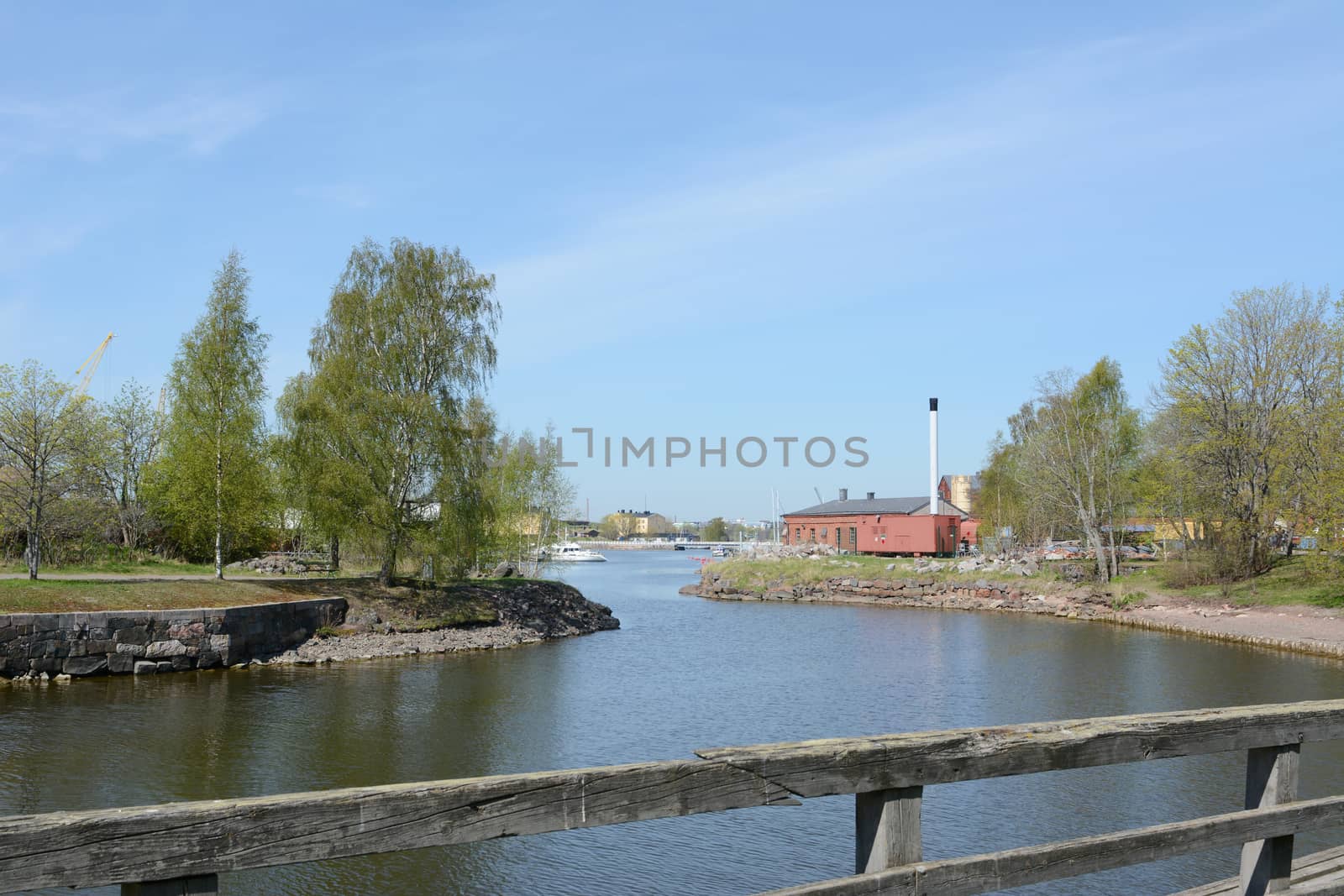 View from footbridge on Suomenlinna island towards the dry dock and shipyard