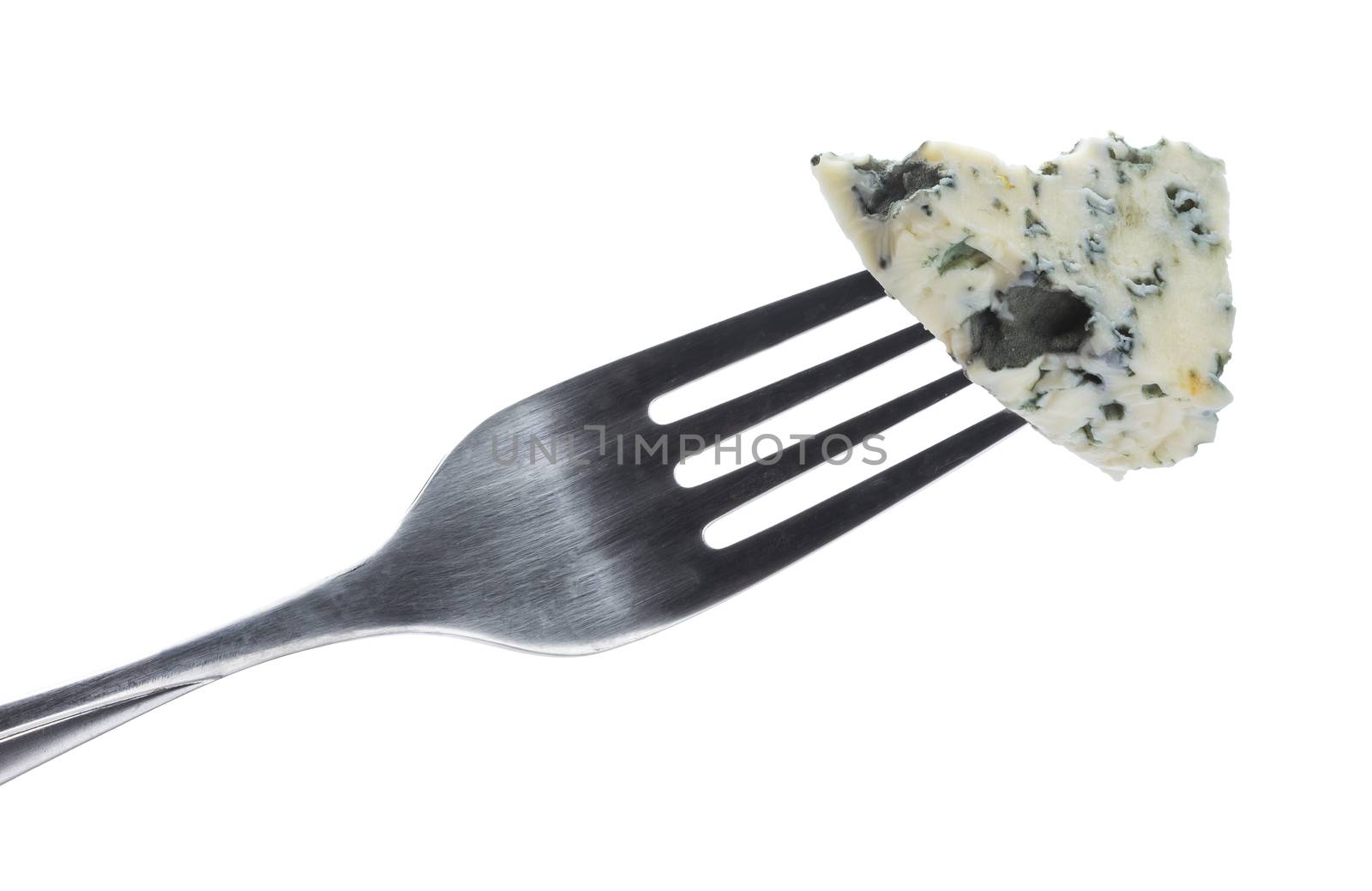 Danish blue cheese on fork isolated on white background with clipping path by xamtiw
