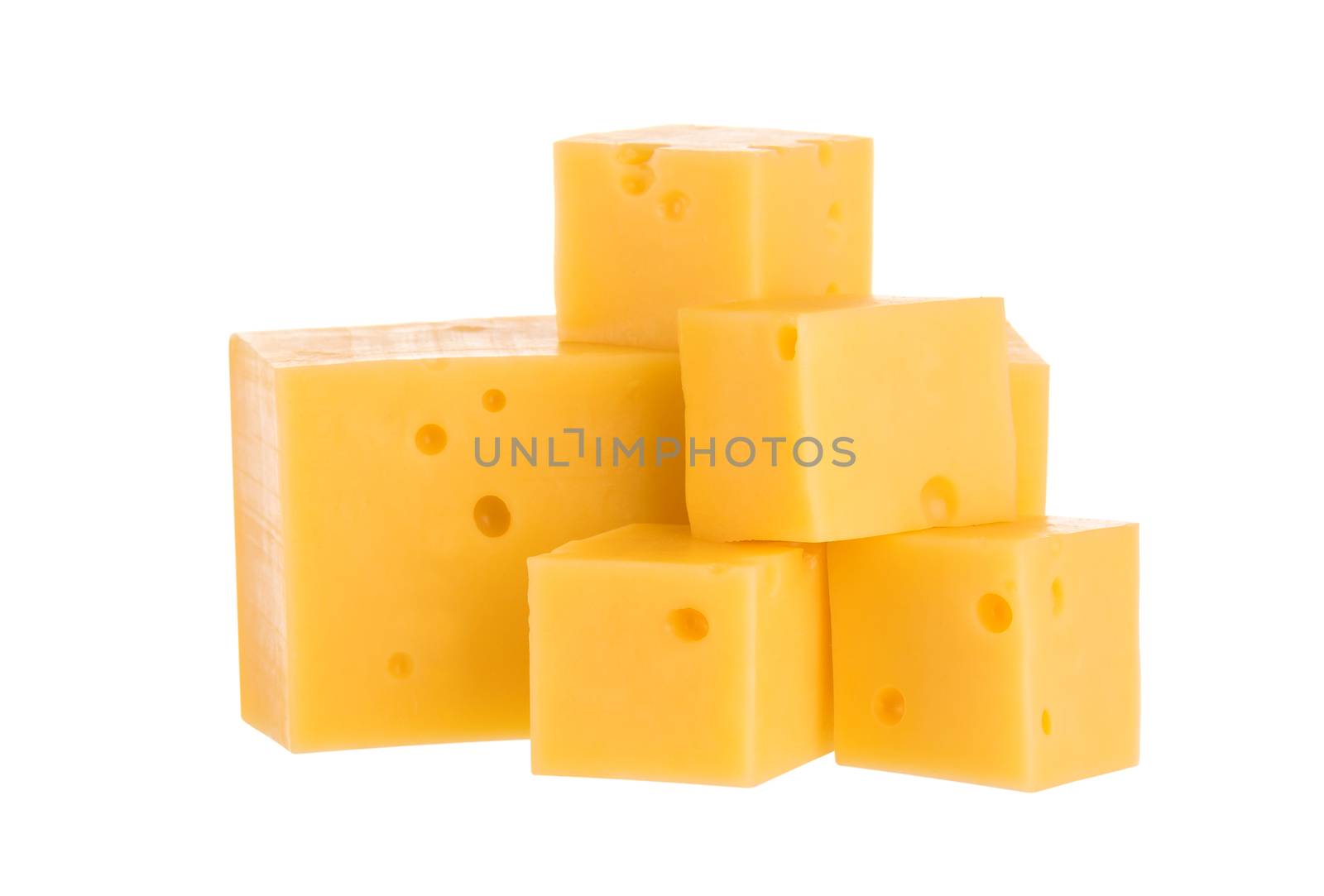 Heap of cheese cubes isolated on white background. With clipping path. by xamtiw