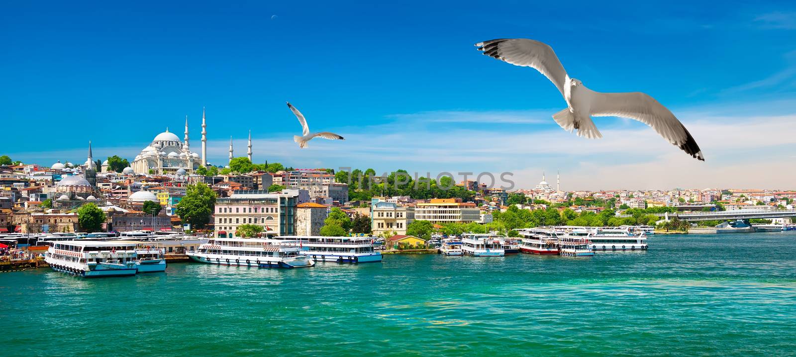 Touristic boats in Golden Horn bay of Istanbul and view on Suleymaniye mosque, Turkey