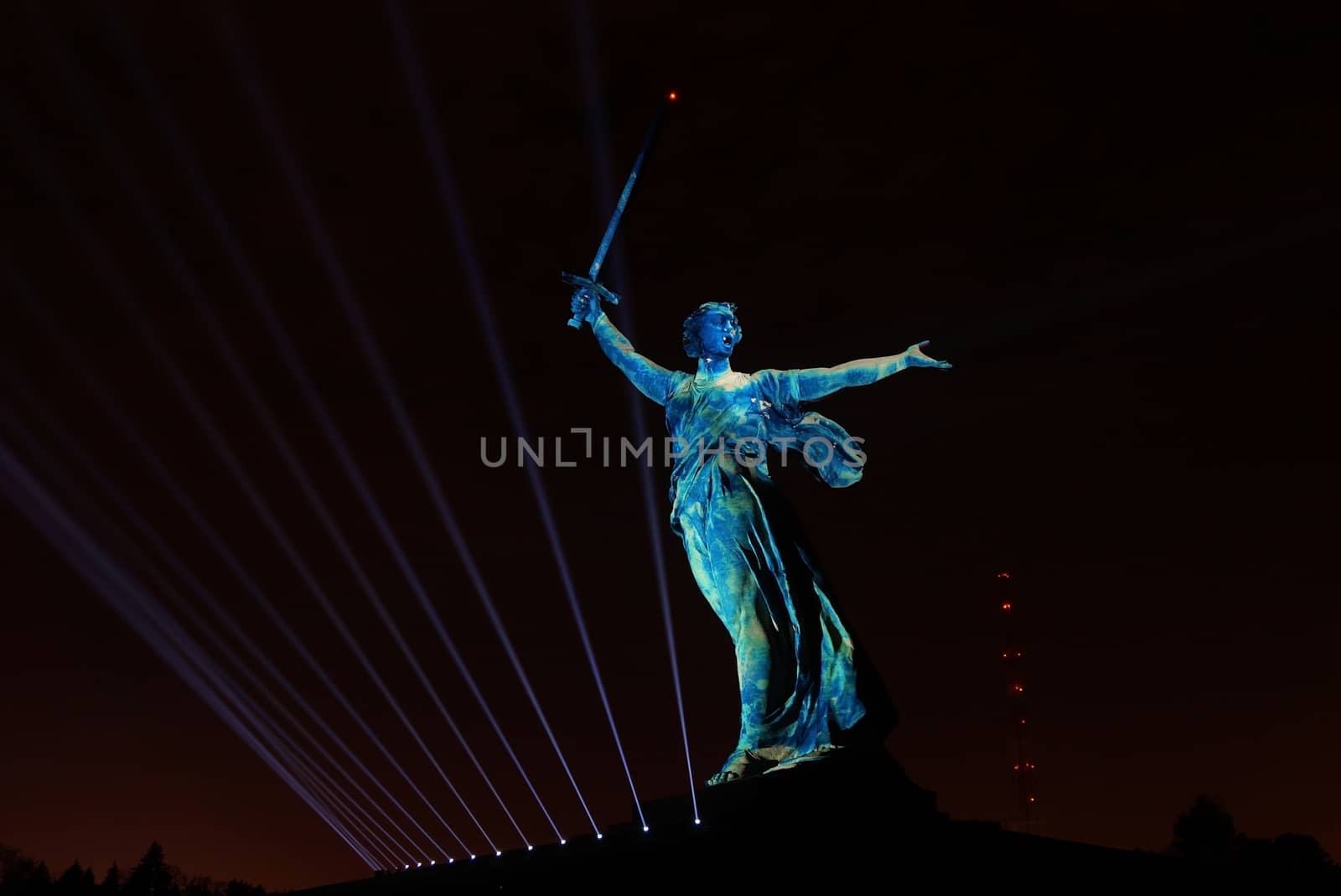 Sculpture the Motherland on Mamayev Kurgan in blue light by Vadimdem