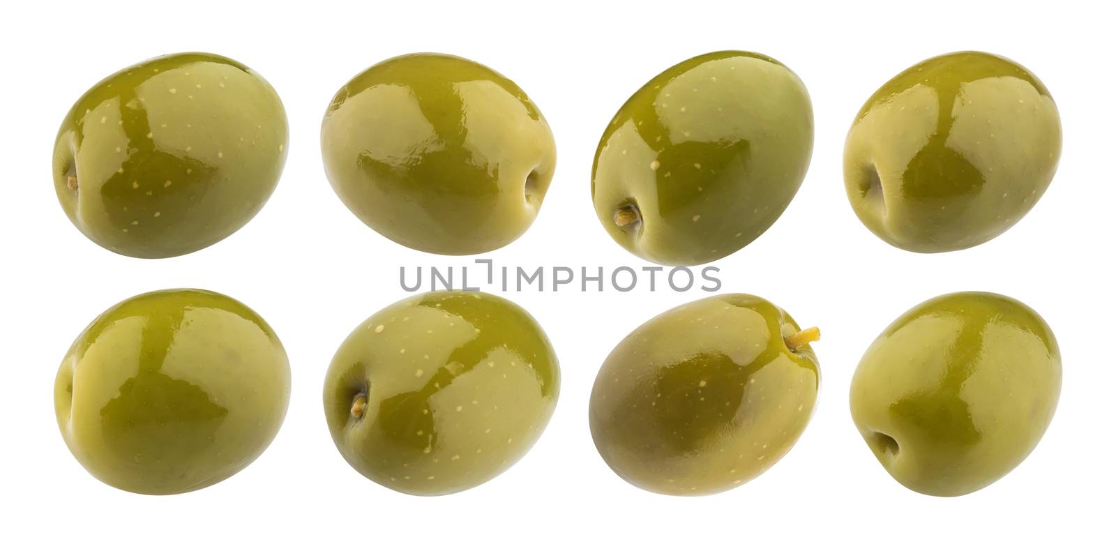 Olives collection. Green olive isolated on white background with clipping path, close up