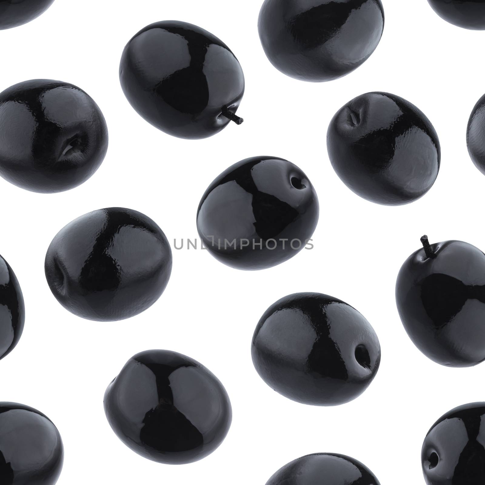 Black olives seamless pattern isolated on white background with clipping path. Collection