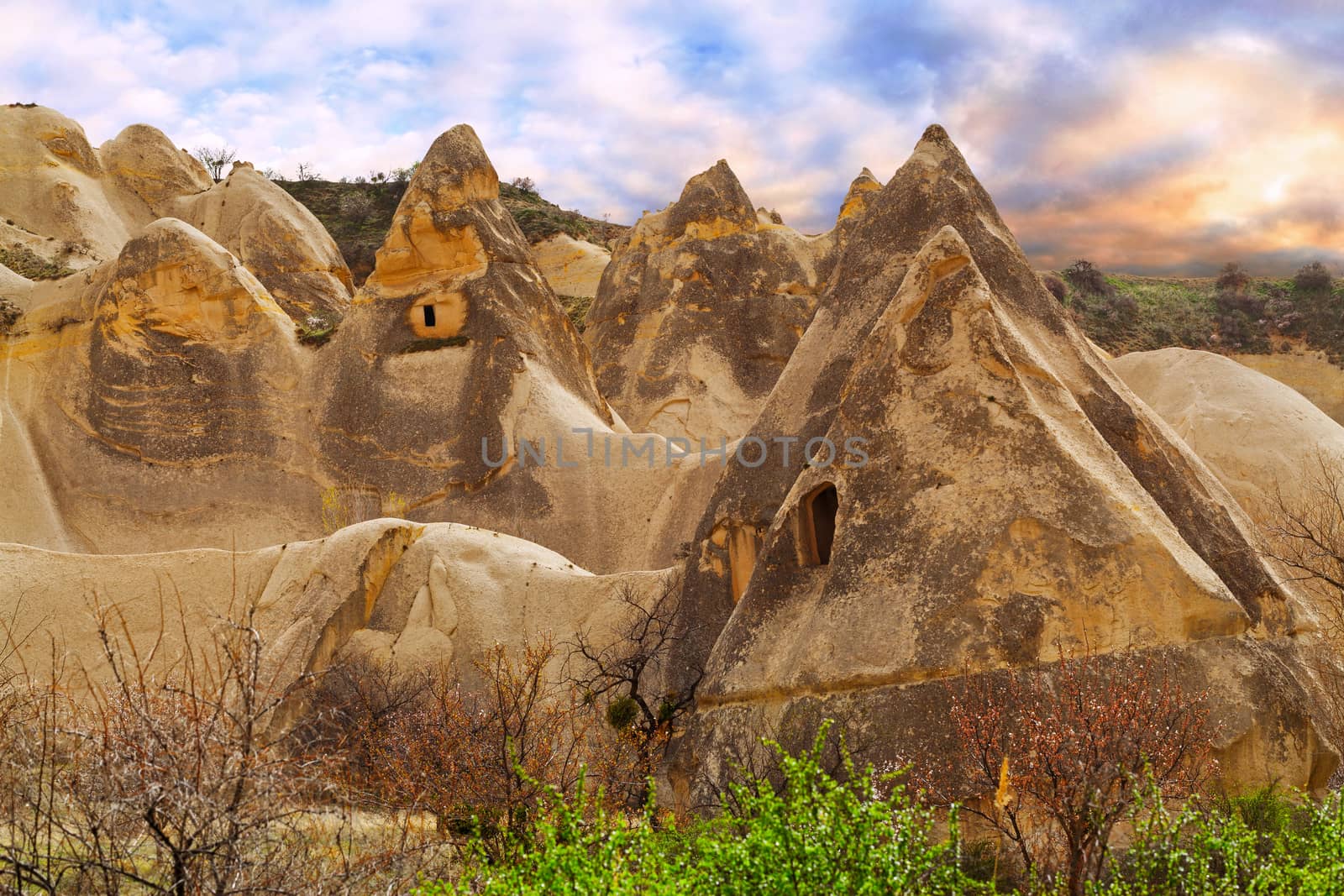 Beautiful stone cliffs in valley named Rose valley near Meskendir, Goreme, Turkey