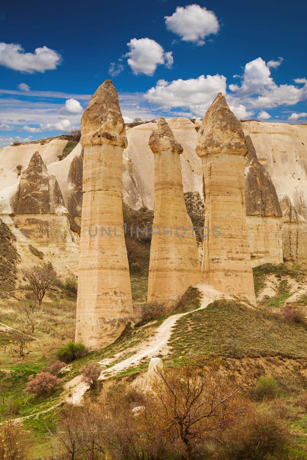 Cylindrical stone cliffs and cave houses in Love valley near Goreme, Turkey