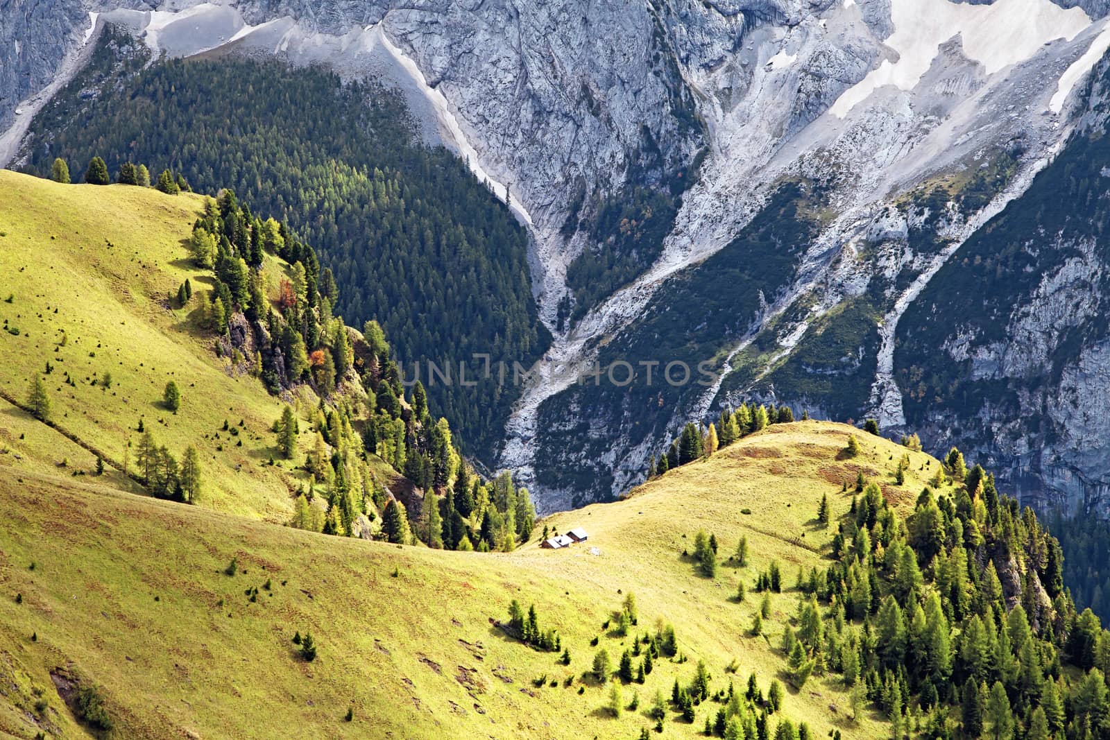 Dolomites mountains landscape on a sunny autumn day
