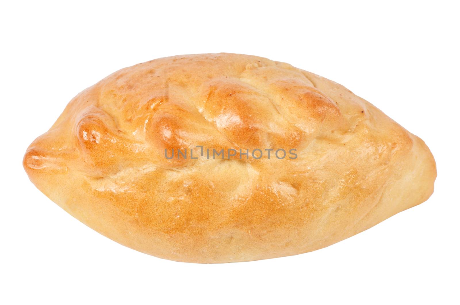 Baked pie with filling isolated on white