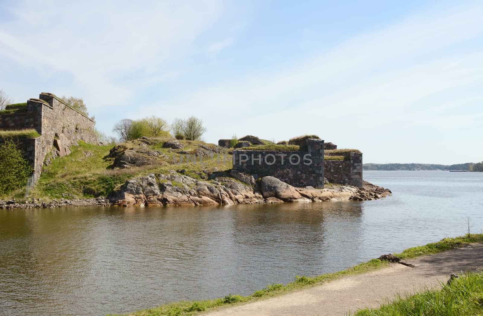 Thick defensive stone walls on the fortress island of Suomenlinna, Finland