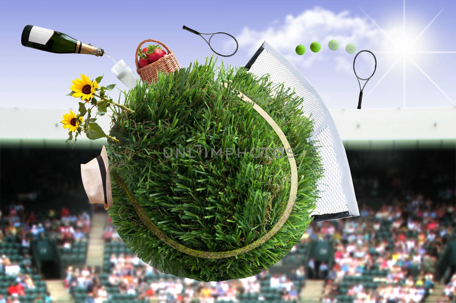 Tennis ball made from grass with net and game, and crowds in the background