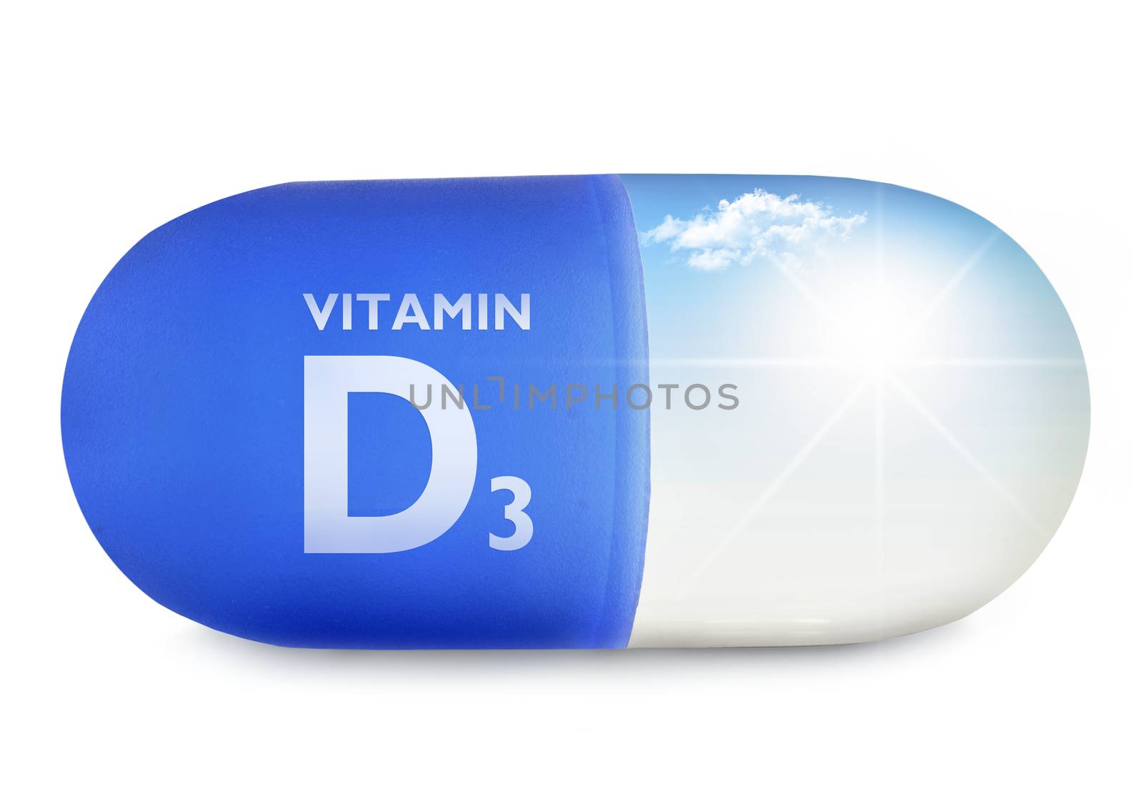 Close up of a vitamin pill with vitamin d sunshine inside 