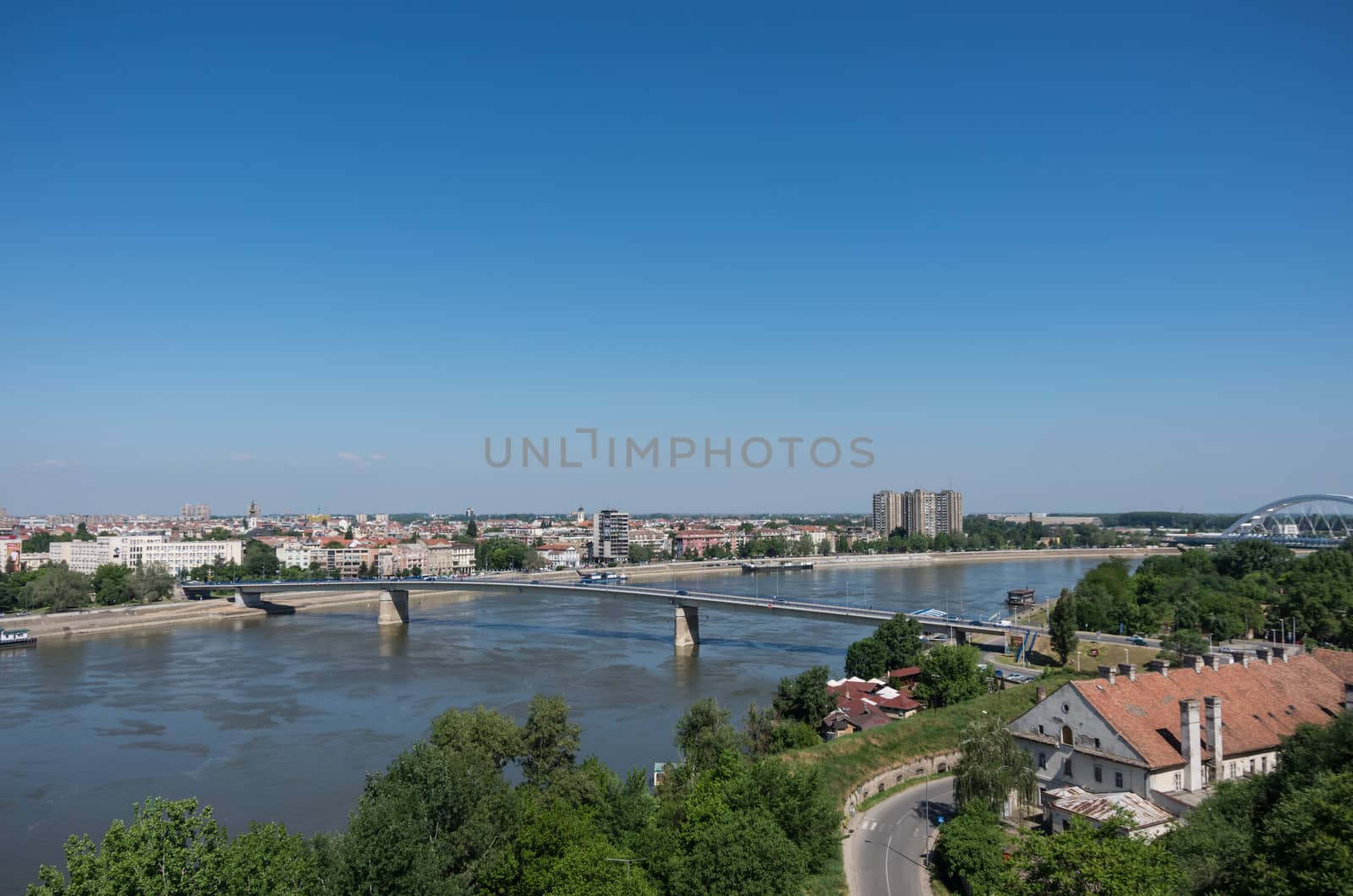 Cityscape in Novi Sad with Varadin bridge (Duga) and the Danube river. From   Petrovaradin fortress, Serbia