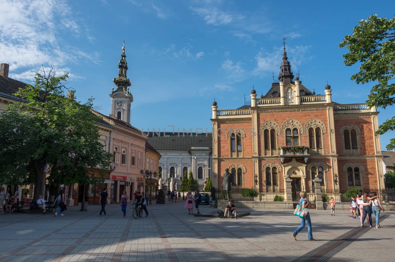 Novi Sad, Serbia - May 08, 2018: Monument of Jovan Jovanovic Zmaj, in front of and neo-classical architecture of Vladicin Court Palace of Bishop in Novi Sad, Serbia.