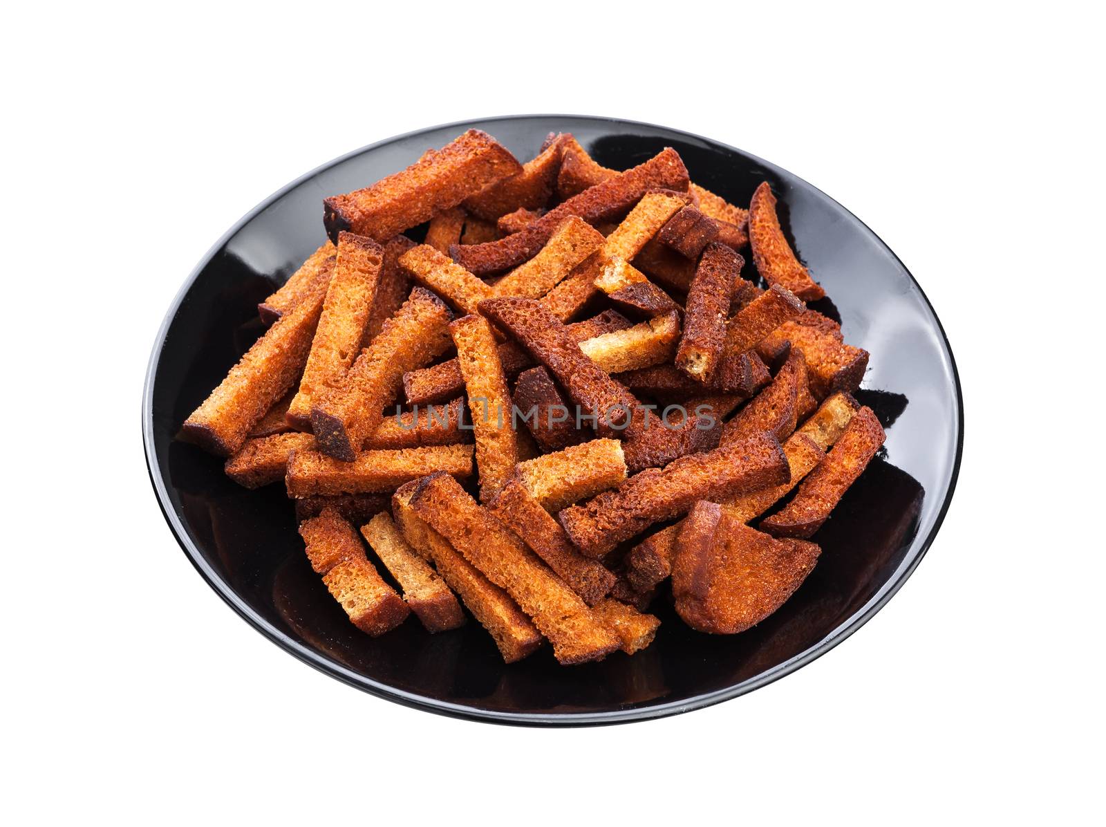 Fried bread croutons isolated on white background with clipping path. Crispy rye bread sticks