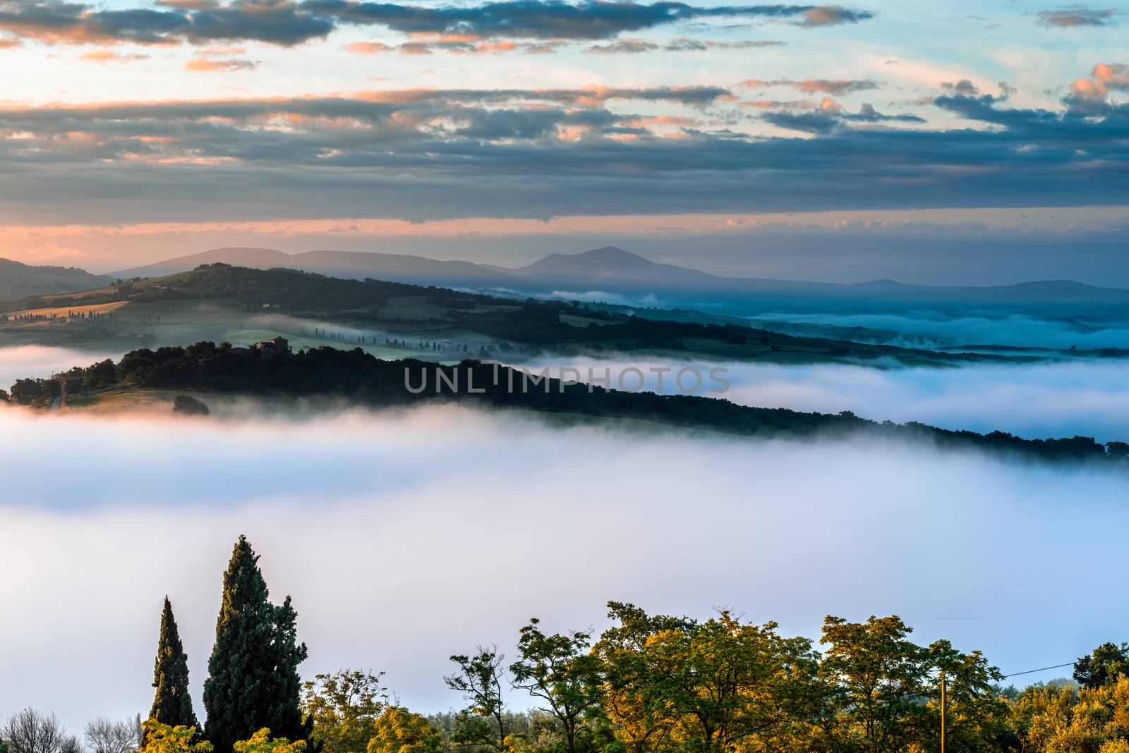 Sunrise over Val d'Orcia in Tuscany