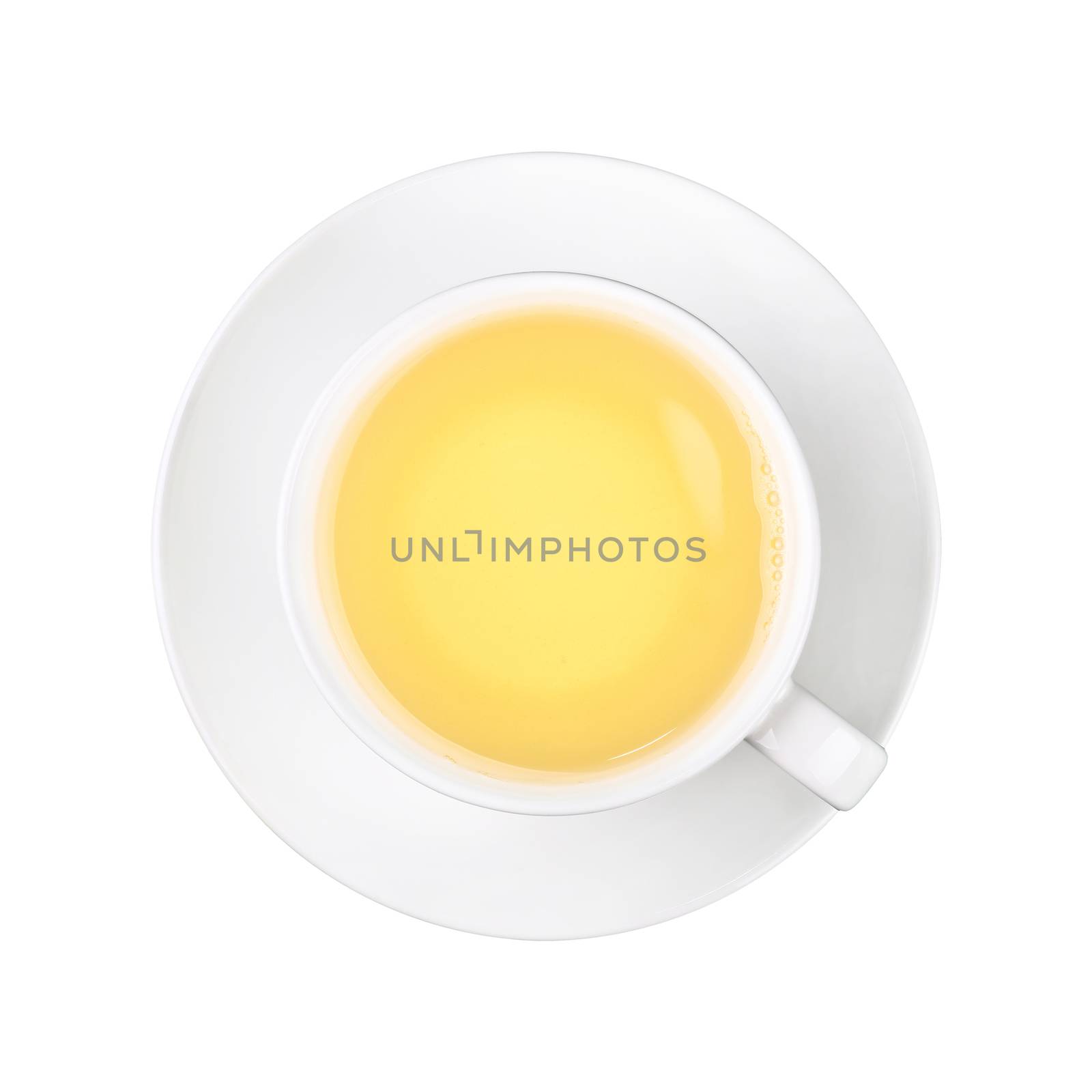 White cup of green oolong tea on saucer isolated by BreakingTheWalls