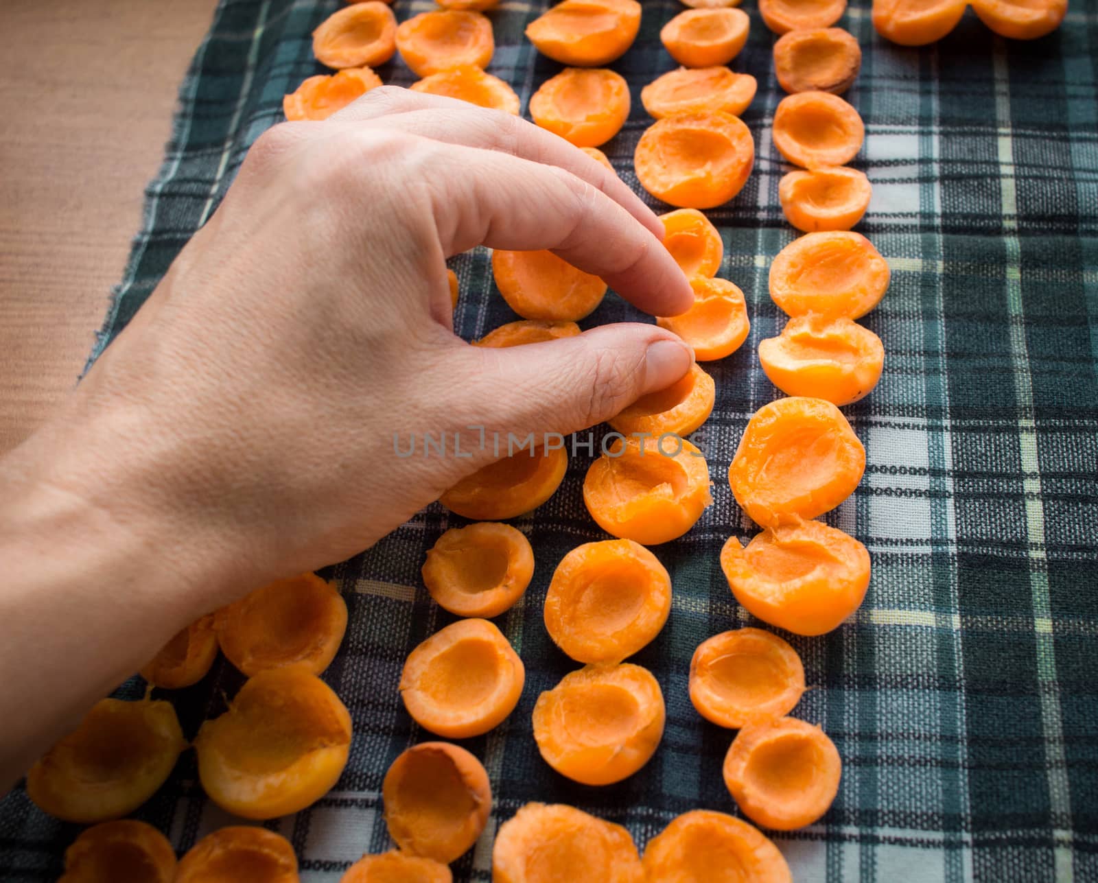 Female hand taking away pits from fresh juicy mellow apricots preparing to sun drying for conservation