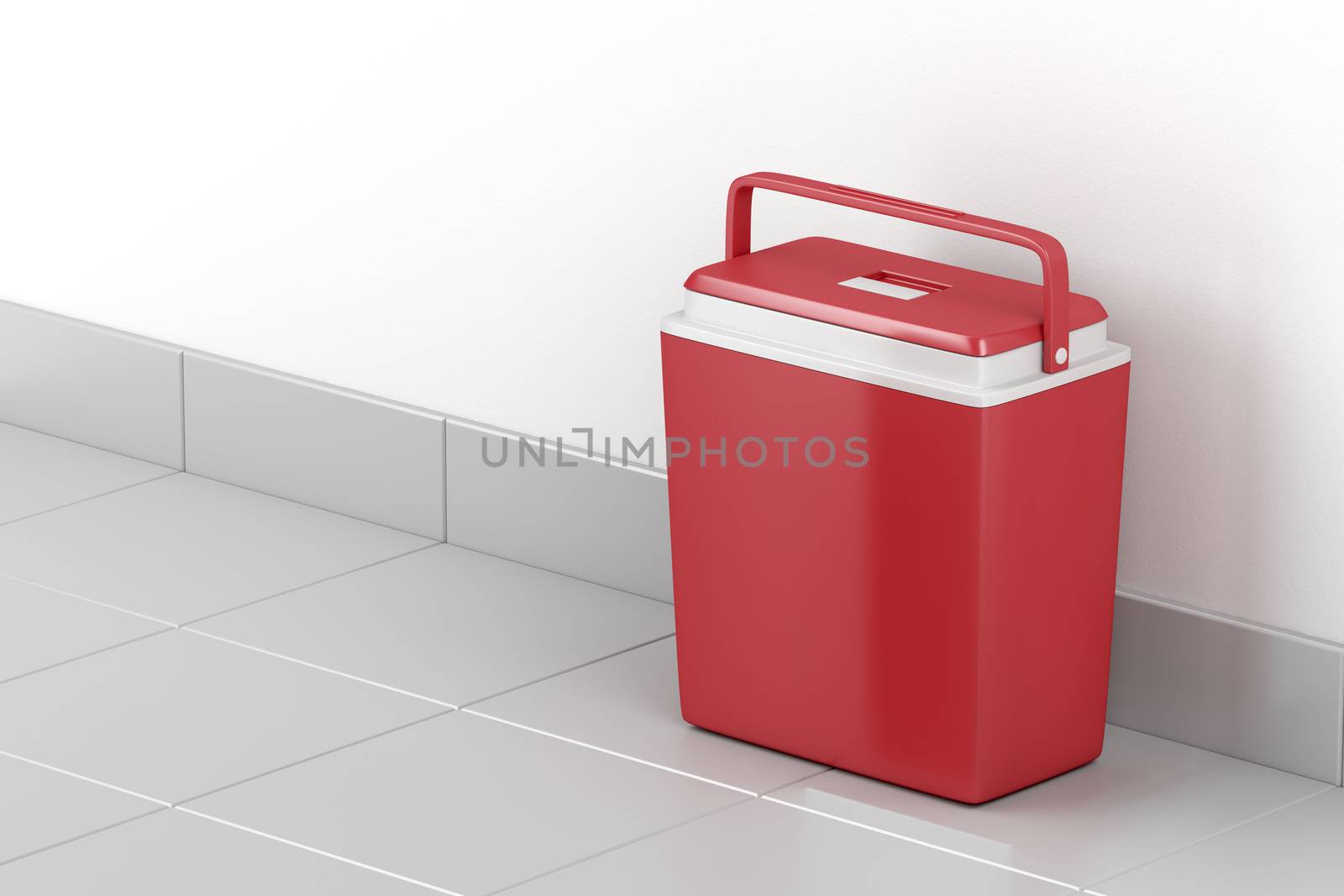 Handheld red refrigerator on the floor