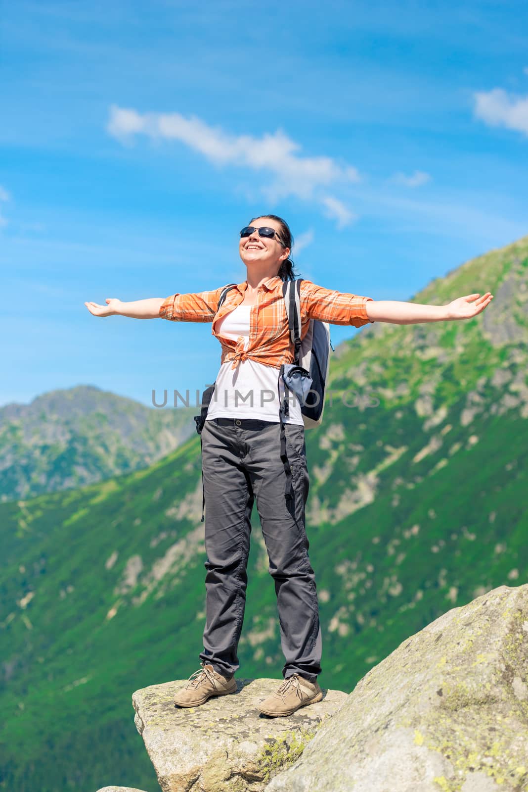 vertical portrait in full length of a tourist with a backpack on a background of high mountains