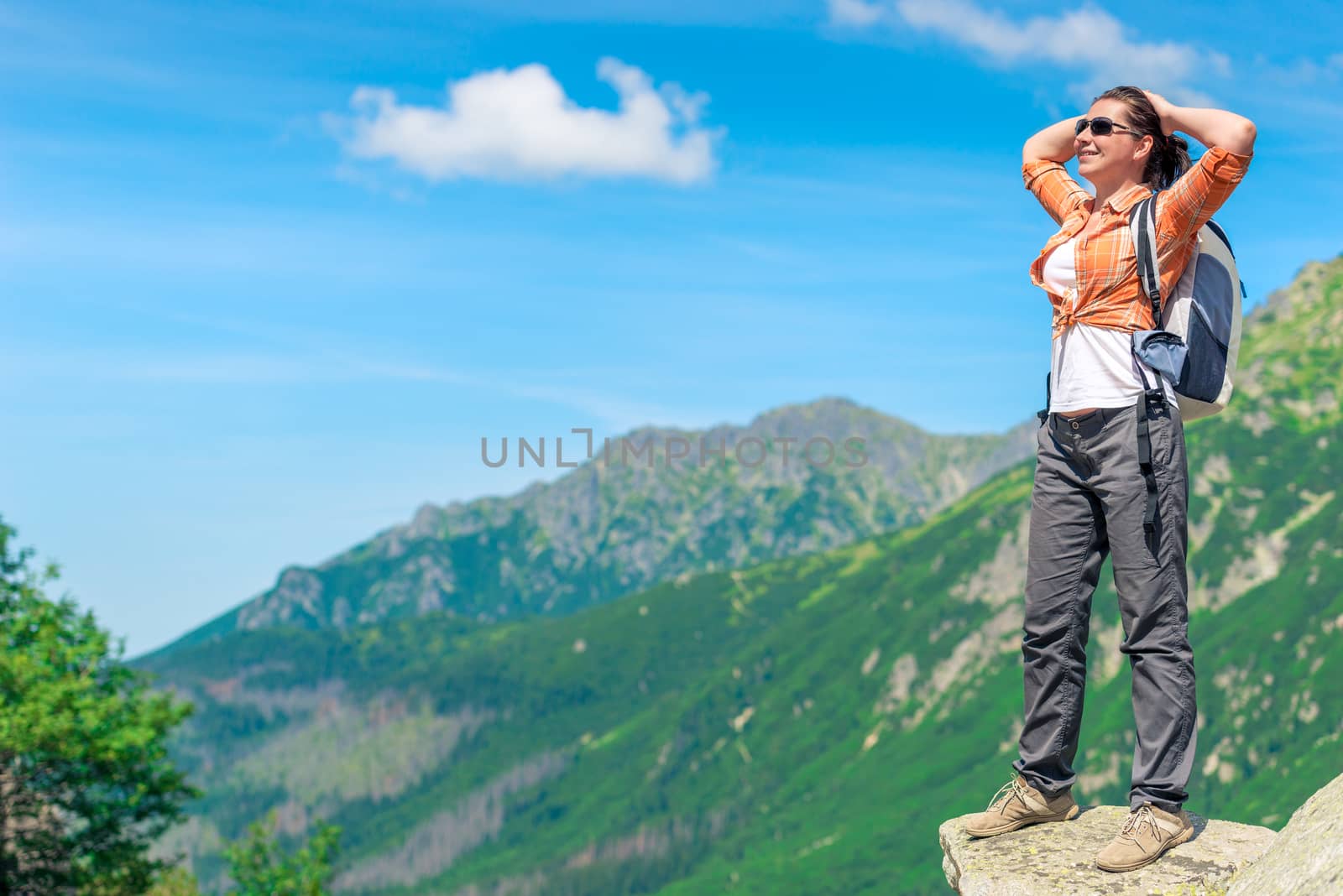 relaxed tourist with a backpack on the background of beautiful scenery in the mountains