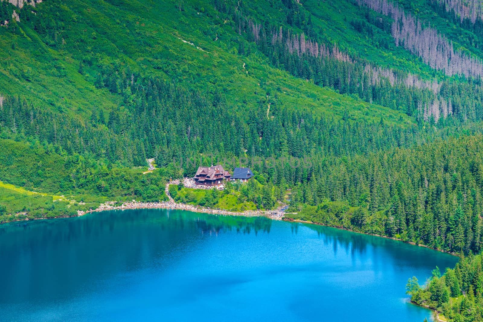 View from the top of Lake Morskie Oko, a landmark of Poland in the Tatras