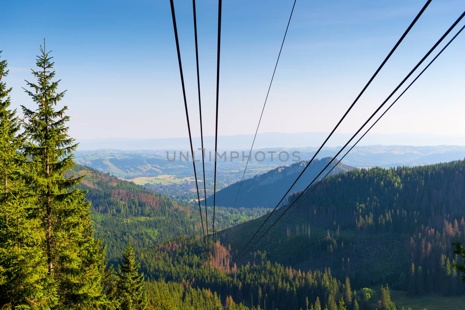 funicular cable on the background of the beautiful valley of Zakopane, Poland