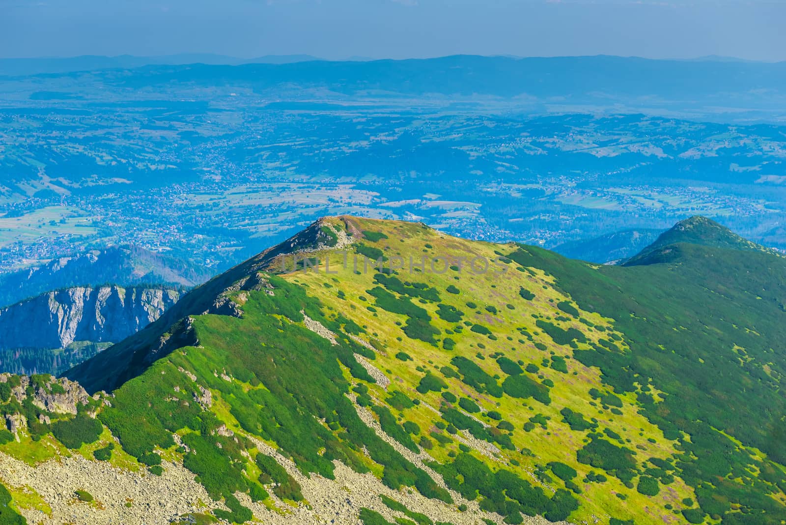 The view from the highest mountain in the town in the valley, the mountain Kasprowy Wierch in Poland