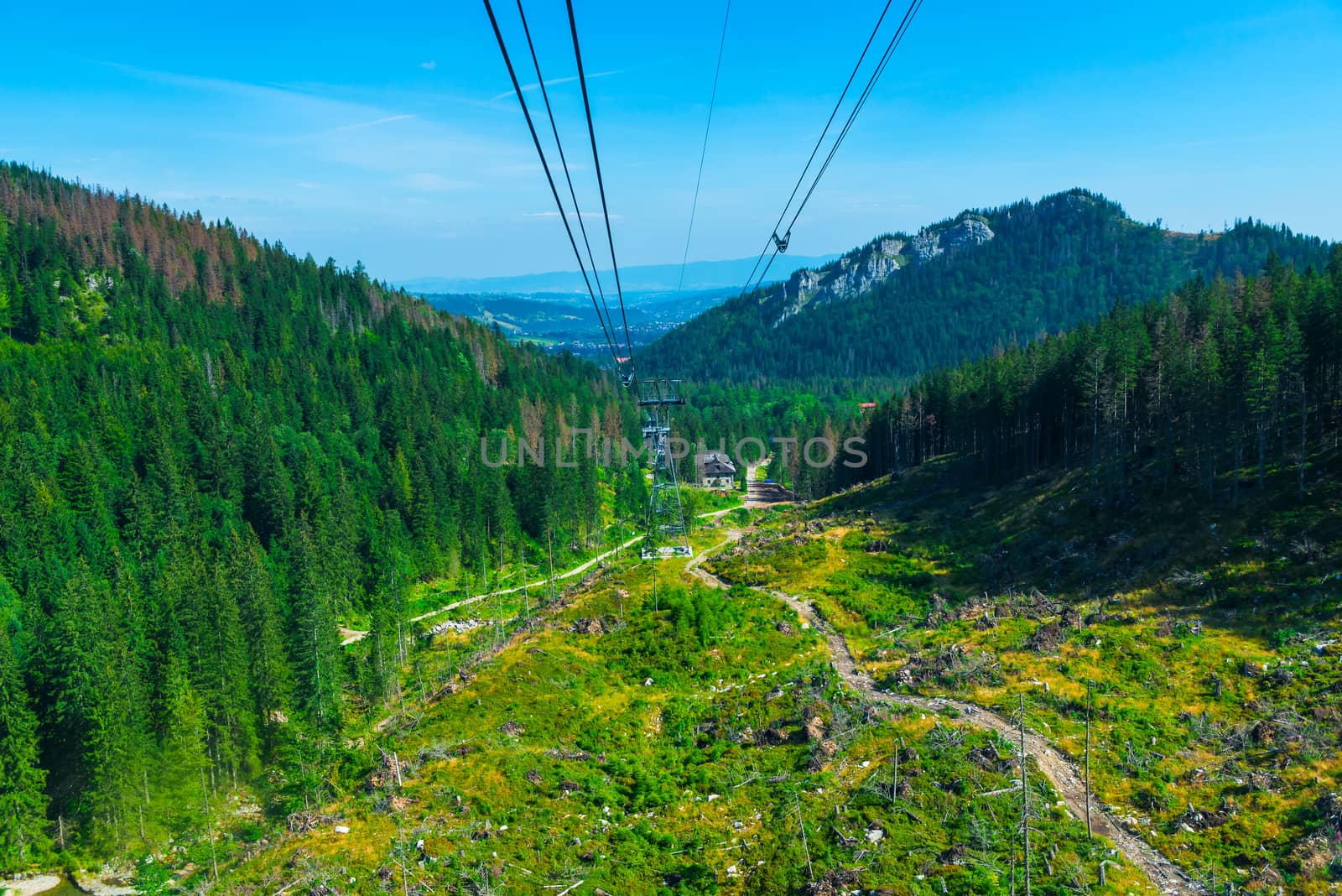 Shooting a beautiful mountain landscape from the cable car, Poland