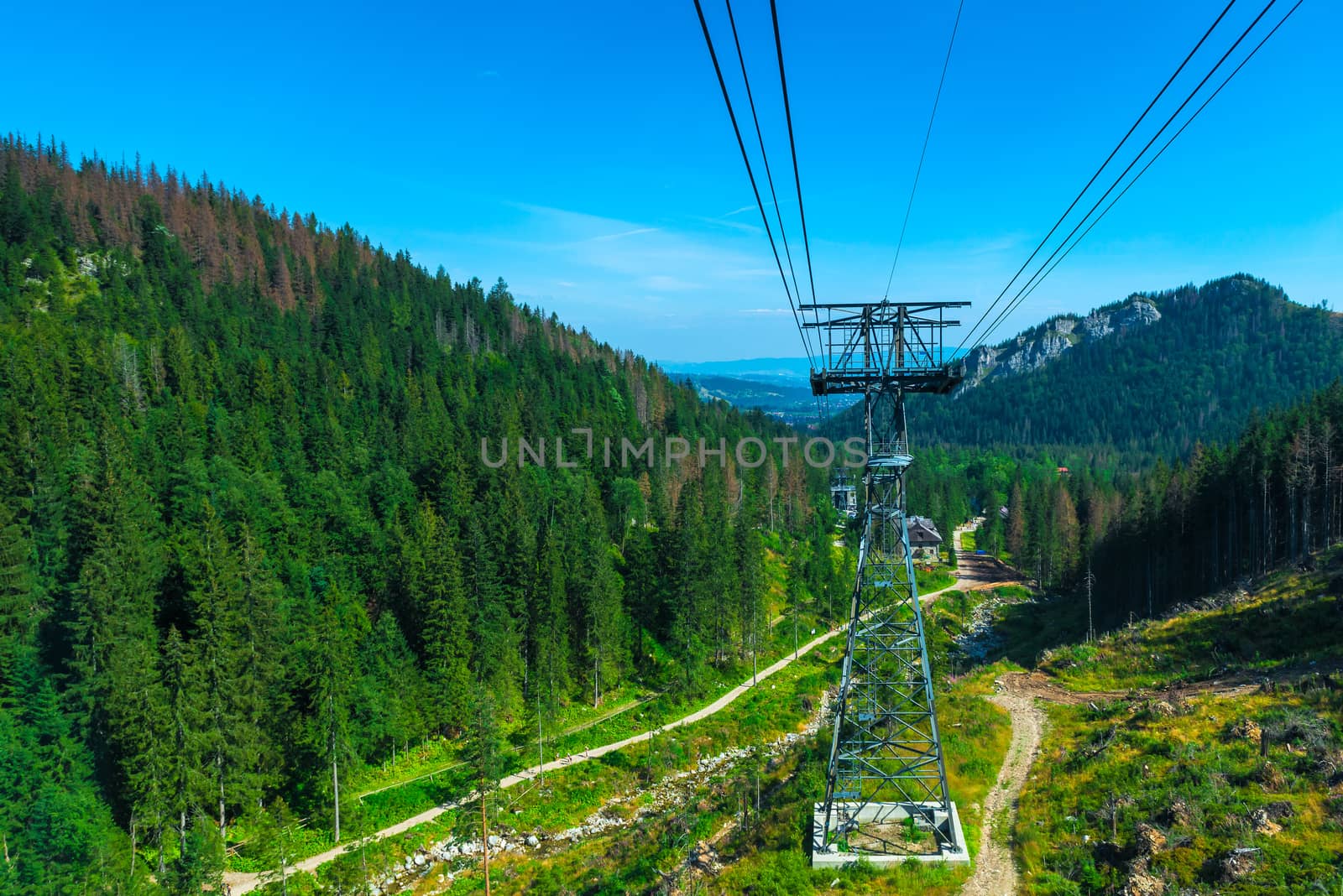 descent from the mountain in the funicular, shooting a beautiful mountain landscape from the cabin, Poland